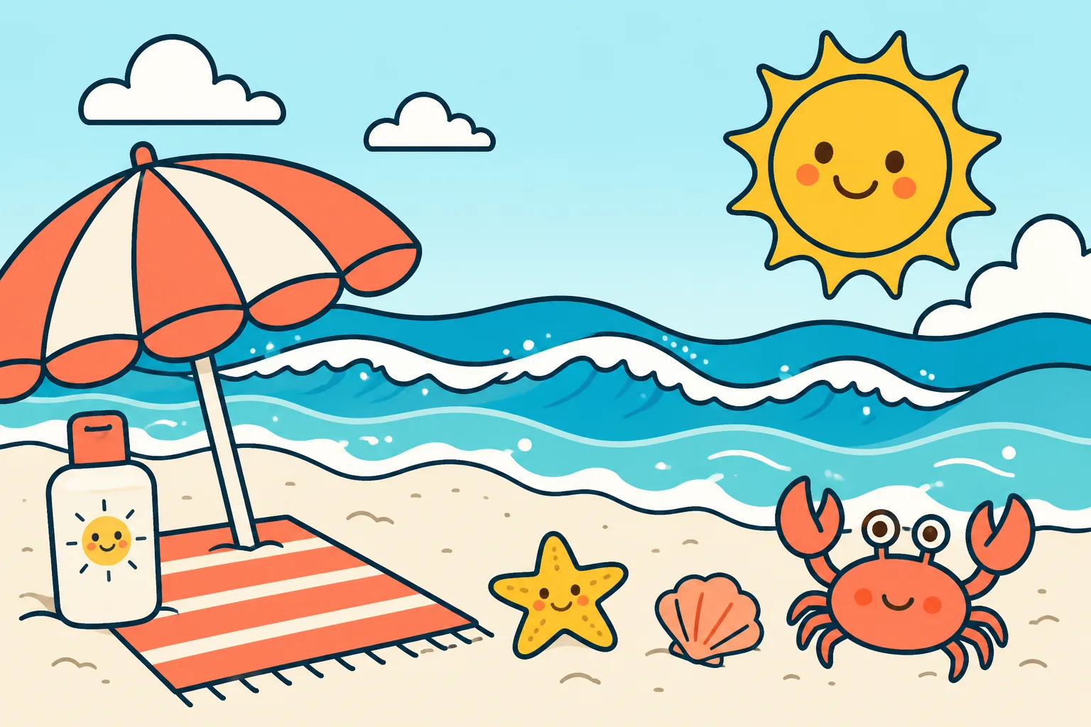 Illustration of a sunny Australian beach day: smiling sun, striped umbrella, towel, sunscreen bottle, starfish, seashell and a happy crab by rolling turquoise waves