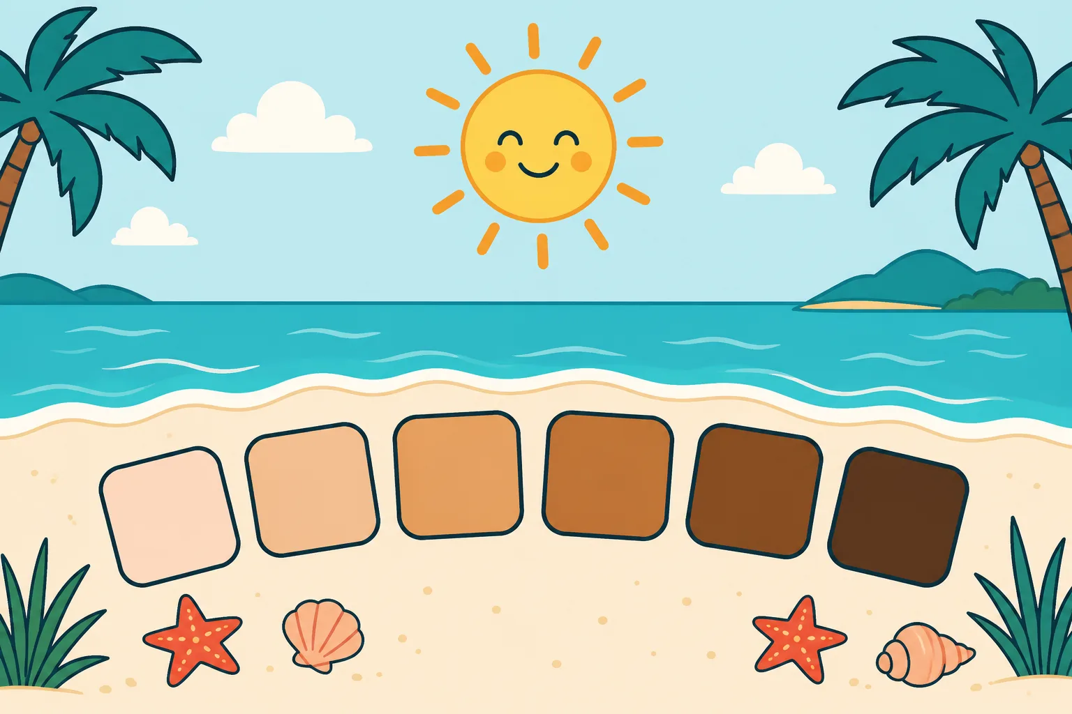 Illustration of six Fitzpatrick skin-tone swatches on a sunny beach under a smiling sun, from very fair to deep brown